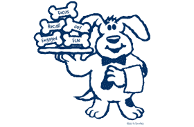 the Be Dog Happy logo dog wearing a bow tie with a service towel over one arm and holding a tray of bones on the other