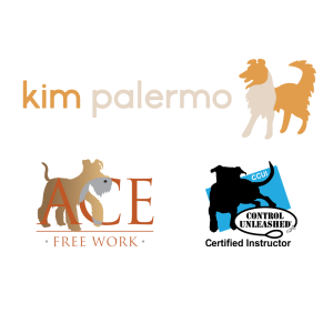 Three logos in a grid. The top logo has the words Kim Palermo to the left with an orange and white illustration of a dog to the left. The second, below and to the left, has an illustration of a dog sitting behind the words ACE FREE WORK. The third, below and to the right, has a single-color cutout a dog with a tilted blue rectangle behind it, while the words CCUI Control Unleashed Certified instructor are overlaid